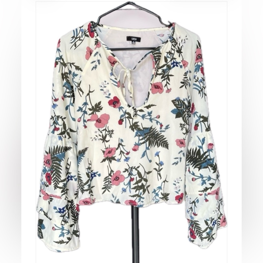 Lucca Couture Floral Blouse Long Layered Sleeves v Neck with Ties Unique Med